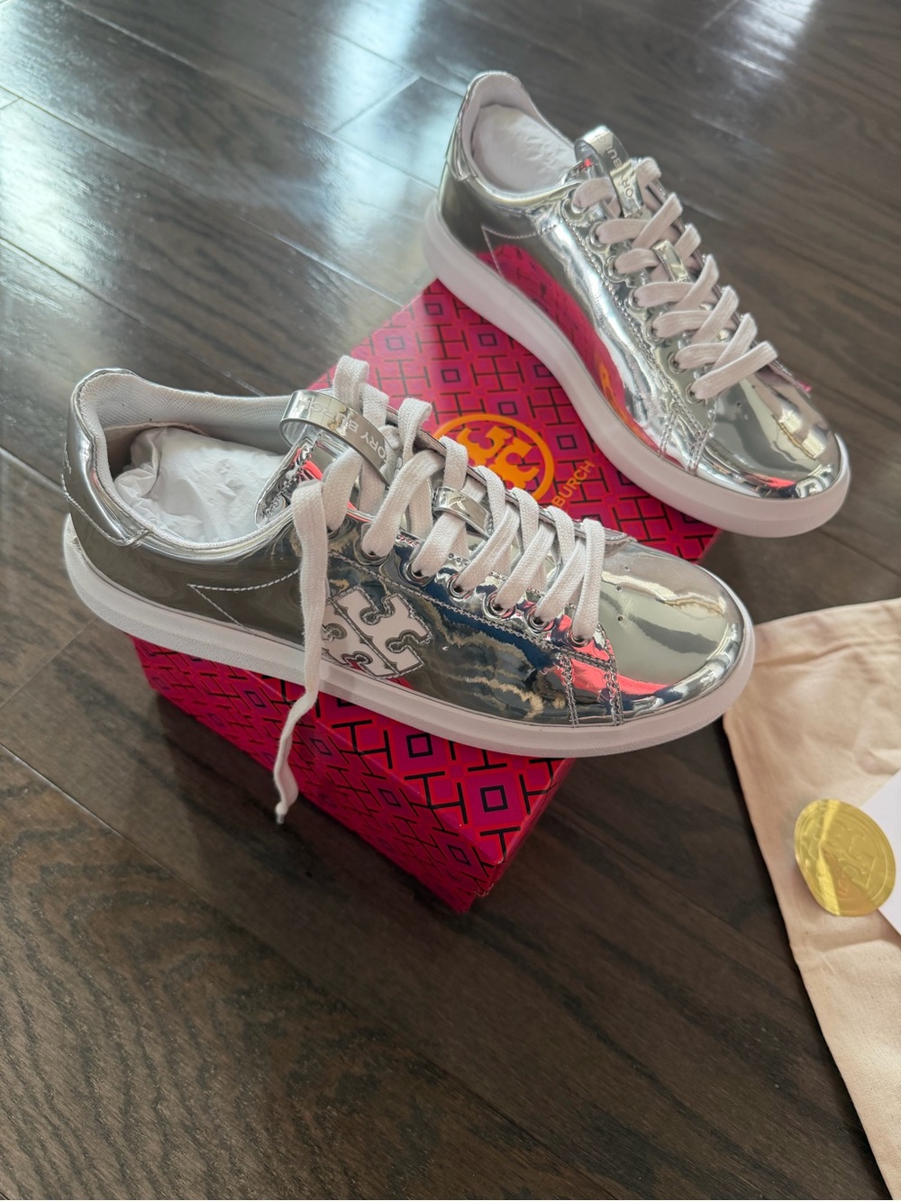 Tory Burch NWT Double Howell Court Silver Mirror Sneakers, Size 7.5